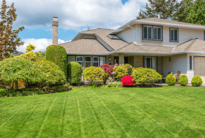 A house showcasing stunning landscaping, with well-arranged plants, trees, and decorative elements enhancing the exterior.
