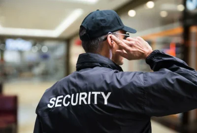 Back view of a security guard in a black jacket and cap, adjusting an earpiece in a bright building.