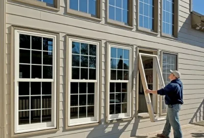 Worker installing a white multi-pane window on the exterior of a tan house.