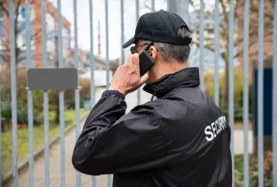 Security guard in black uniform talking on a phone in front of a metal fence.