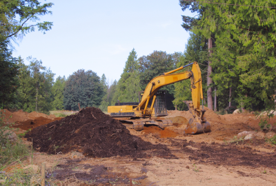 Yellow excavator moving piles of dirt in a wooded clearing.