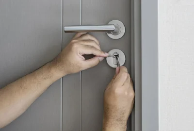 Hands using lock-picking tools to open a silver lock on a gray door.