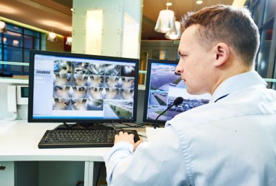 A security guard monitors multiple surveillance camera feeds on two computer monitors at a desk.