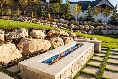 Modern backyard landscape with a rectangular stone fire pit, blue fire glass, tiered boulder walls, and green lawns.