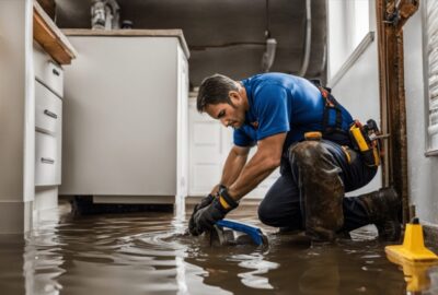 A professional technician extracting water from a flooded room with water-damaged walls.