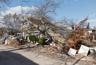 A large uprooted tree lies across a residential yard and house amidst piles of debris and wreckage.