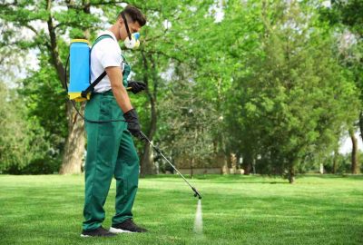 Man in green overalls and respirator mask spraying a lawn with a blue backpack sprayer.
