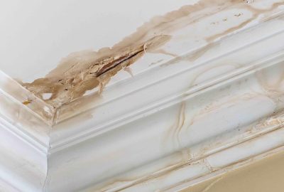 Water damage causing bubbling and staining on white crown molding.
