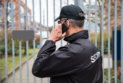 Security guard in a black jacket and cap talking on a smartphone in front of a metal fence.