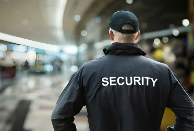 Rear view of a security guard wearing a black jacket with "SECURITY" printed in white on the back.