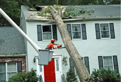 Worker in a bucket lift using a chainsaw to remove a fallen tree from the roof of a white house.