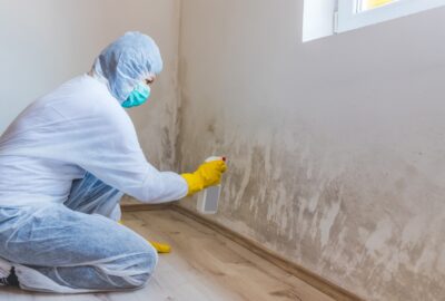 Person in full protective gear and mask spraying a cleaning solution on a moldy wall.