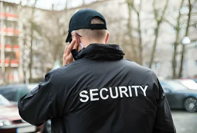 Rear view of a security guard in a black jacket with 'SECURITY' printed on the back, using an earpiece.