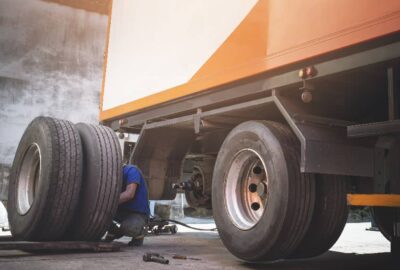 Mechanic in a blue shirt repairing the axle of a large orange truck.