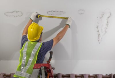 Worker in a yellow hard hat and safety vest measuring water damage stains on a white ceiling.