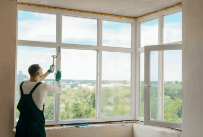*   Image: A man in work clothes (overalls, white shirt, green gloves) is installing or repairing a large white window frame